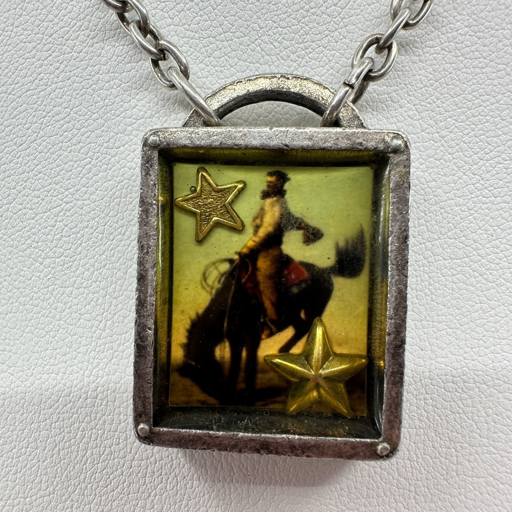 Western Cowboy Horse Pendant Necklace Silver Tone Stars Rodeo Southwestern Gift